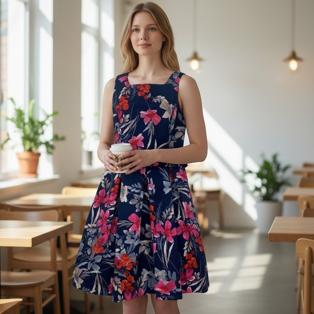 Eliza J Womens 12P Navy Pink Floral Belted Fit & Flare Pleated Dress V-Back Zip